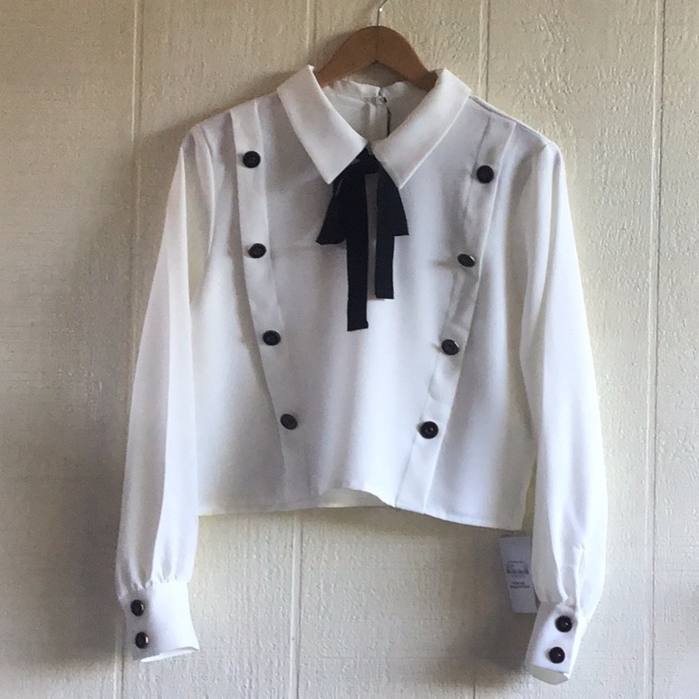 Storets Lucy gold buttons cropped black ribbon tie blouse - Picture 16 of 16